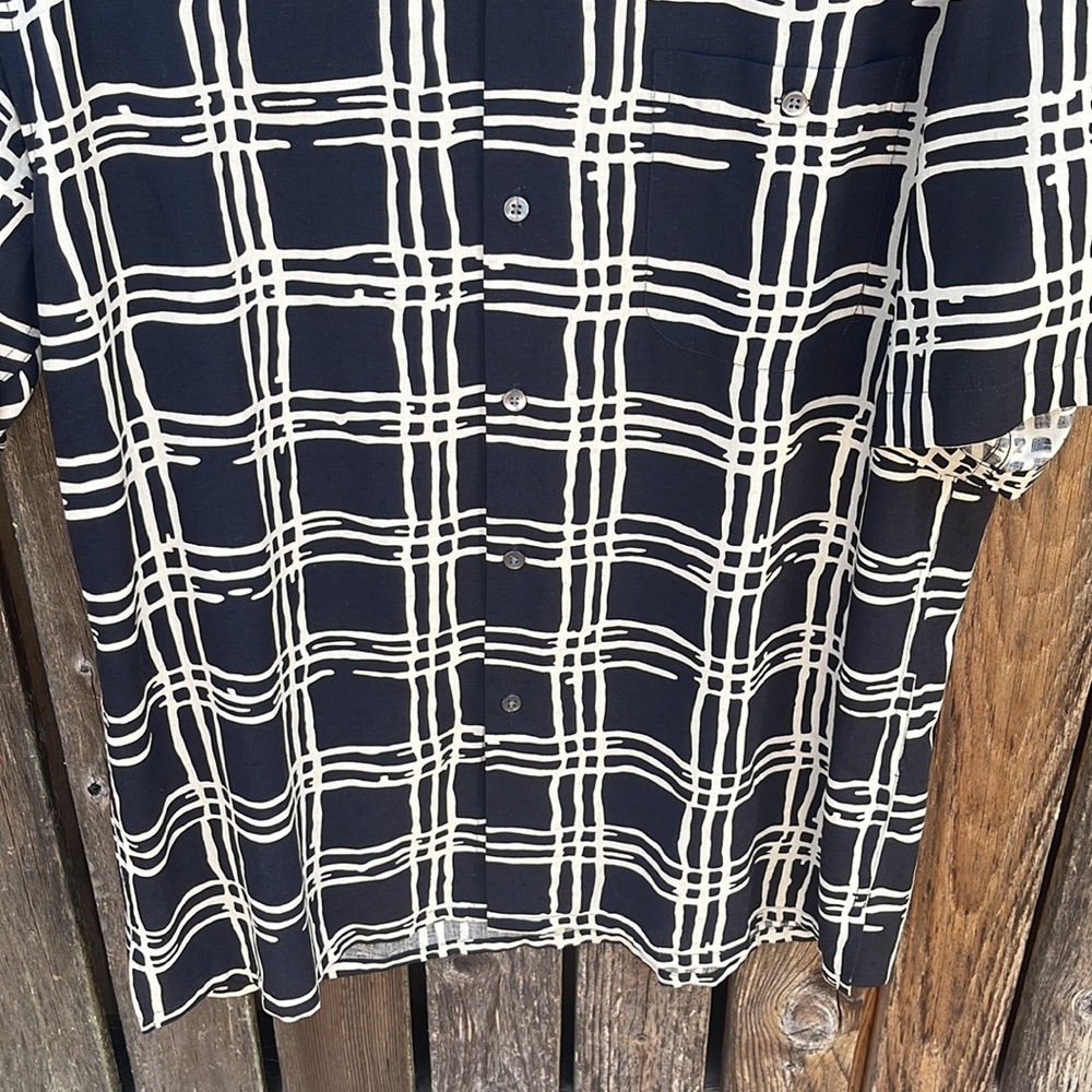 Bullock & Jones M Men's Silk Black Cream Plaid Shirt Short Sleeves Medium Dressy - Picture 4 of 8